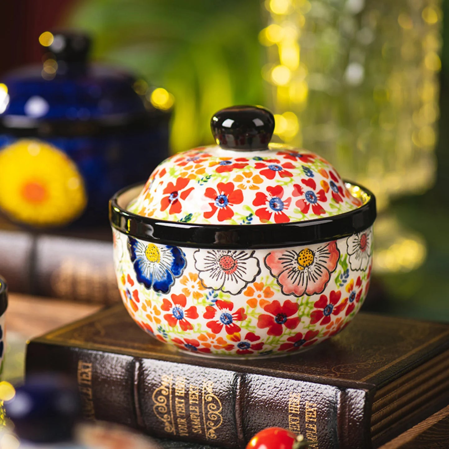 Hand-painted ceramic stew bowl, kitchen soup cup with lid, water-proof soup pot, steamed egg bowl, dessert bowl