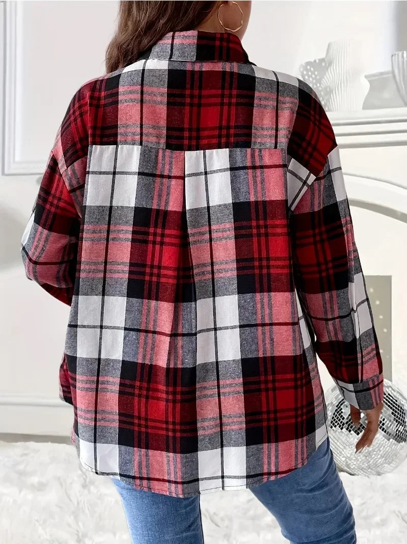 Women's Spring and Summer Plus Size 1XL-5XL Checkered Printed Shoulder Top Women's Long Sleeved Casual Shirt