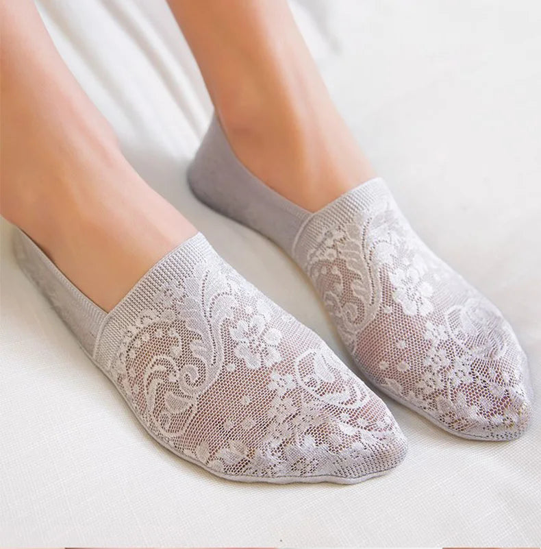 5 Pairs/Lot Socks Women's Fashion Lace Flower Summer Invisible Short No-Show Foot Ankle Set Antiskid White Boat Sock