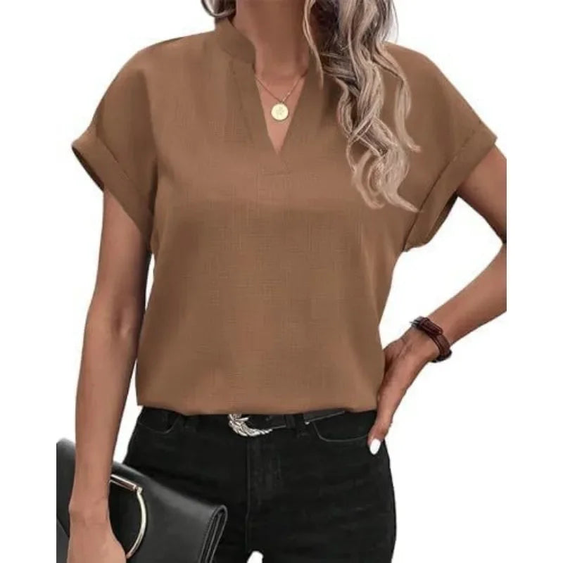 Women's Summer Commuting Short Sleeved T-shirt Simple Solid Color Fashionable V-neck T-shirt Casual Holiday Women's T-shirt