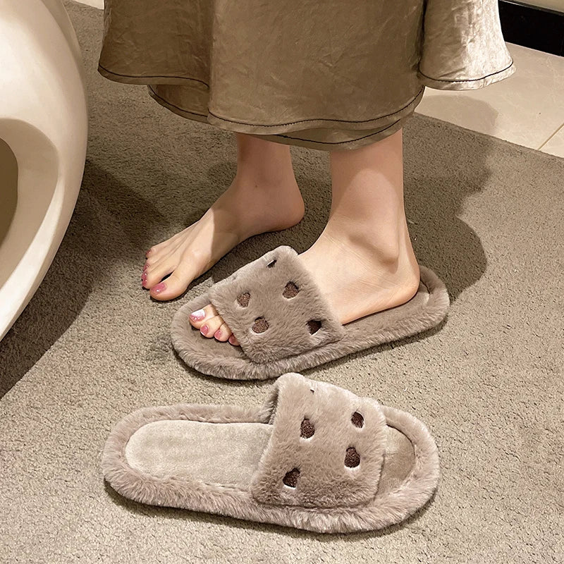 Fur Women Slippers Winter New Fashion Plush Shallow Mouth Indoor Outdoor Flip-flop Casual Bedroom Solid Color Slides Flat Shoes