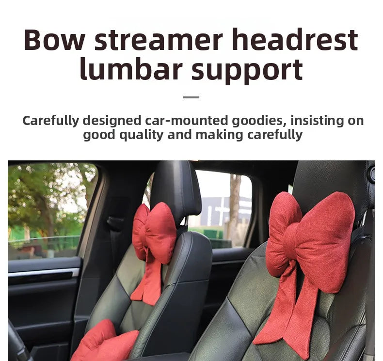 Fashion car headrest with bows cotton and linen pillow suitable for plaid's road trips and cute interior decorations