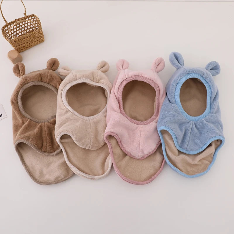 Winter Cartoon Bear Ear Baby One-Piece Hat Kids Warm Ear Protection Cap for Boy Girl Windproof Hood Beanies Plush Balaclava Hat