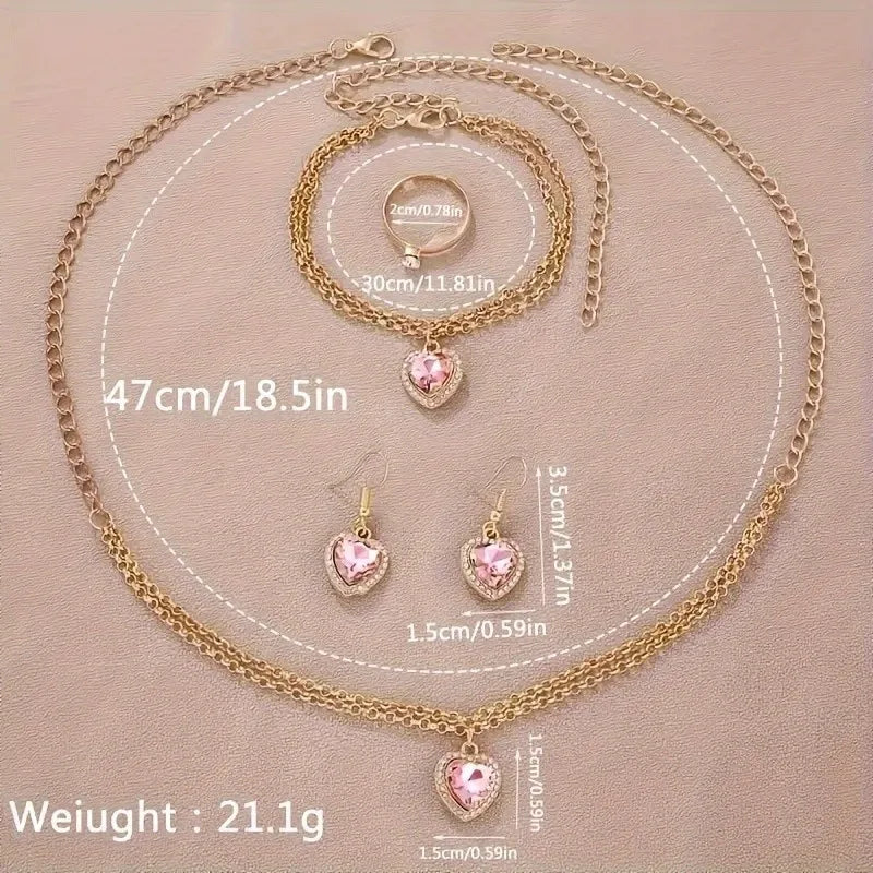 6pcs/set Women's Round Dial Watch Rhinestone Starfish Pattern Pink Belt Quartz Heart-shaped Jewelry Set