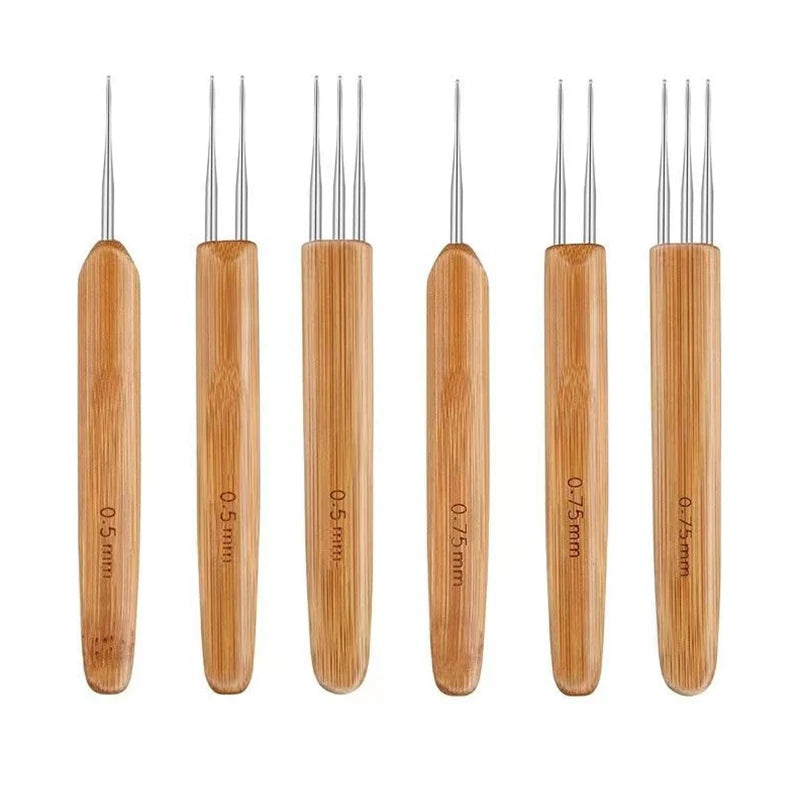 6 pieces 0.5/0.75MM needle crochet hooks set Bamboo handle hair braiding tools dreadlocks hair crocheting needles set