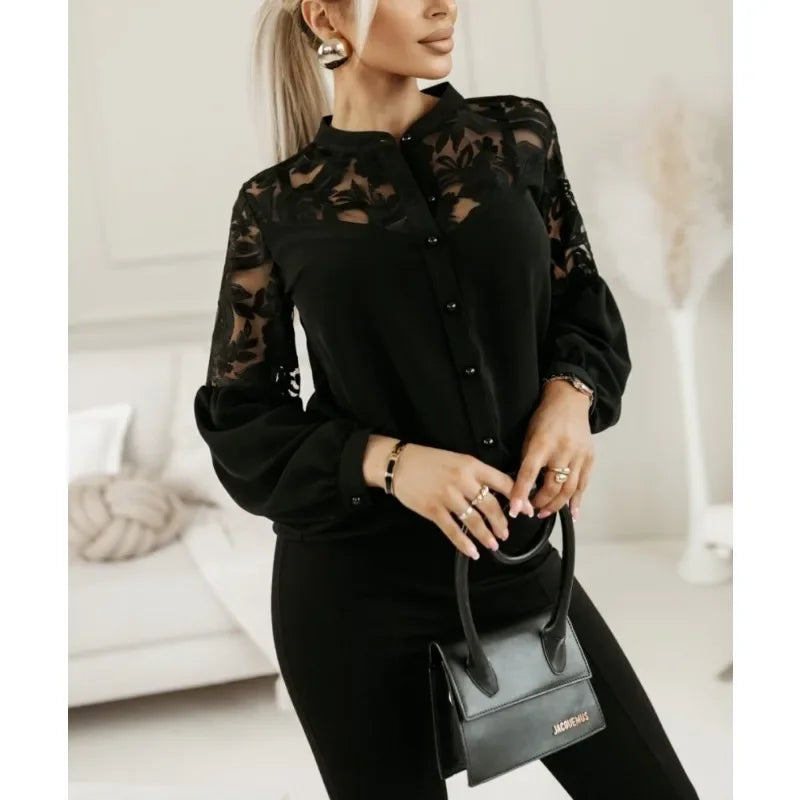 Women's Saving Solid Color Fashion Lace Splice Shirt Autumn Commuter Shirt Round Neck Button Long Sleeve Casual Holiday Shirt