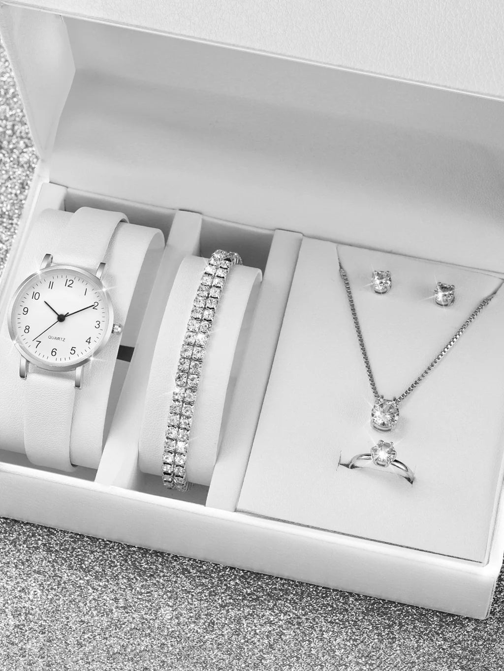 Women Small Dial Digital Wristwatch Ladies Simple Leather Strap Quartz Watch with Rhinestones Jewelry Gift Set No Box