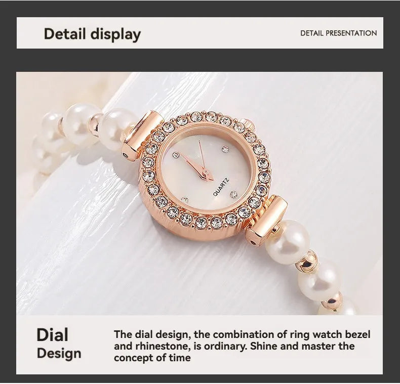 Kegllect Ladies Round Quartz Watch Women Luxury Pearl Bracelet Adjustable Strap Diamond Watches Jam Tangan Perempuan