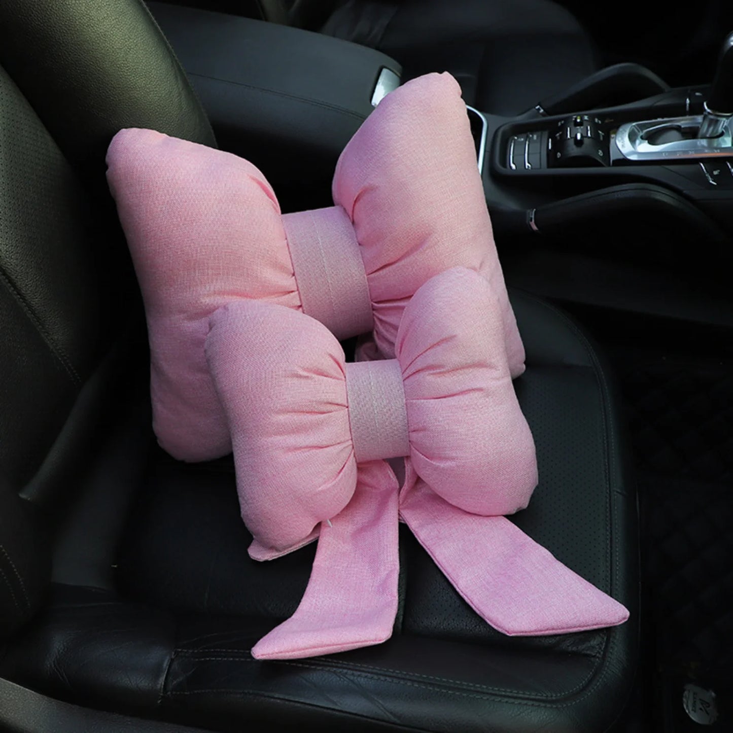 Car Seat Neck Pillow Elegant Bow Car Headrest Pillow Set - Cotton Linen Neck Cushion Universal Fit for Women Comes with 2 Seat B