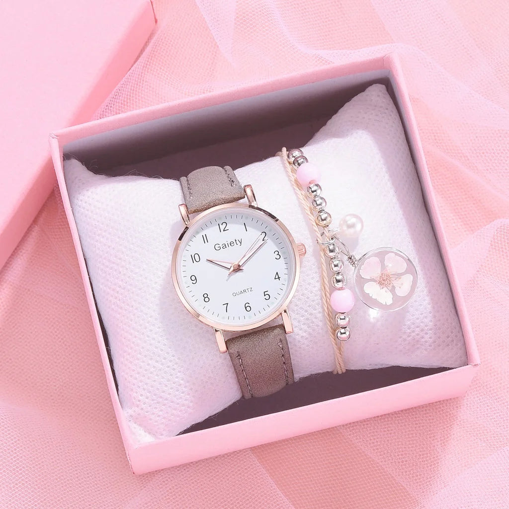 Women's Fashion Simple Glow Leather Watch Strap Quartz Watches Free Two Piece Bracelet Set No Box