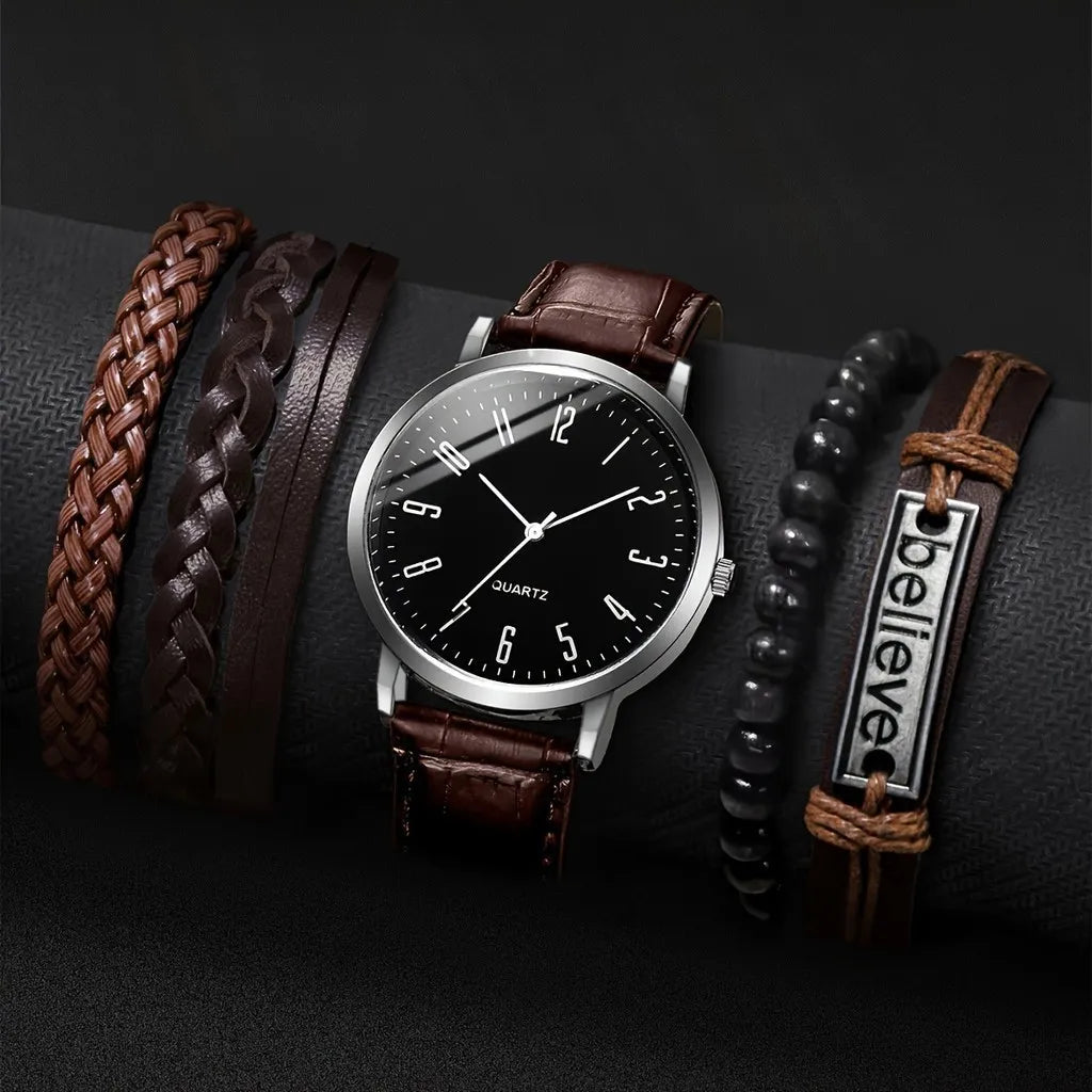 Kegllect Business Men's Watch Vintage Round Pointer Quartz es PU Leather Wrist & Braided Bracelet Gift for Men