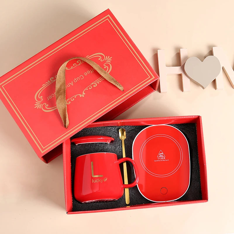 55 ℃ Thermostat Mugs Cup Ceramic Cup With Lid With Spoon Valentine's Day Gift Box Coffee Mug For Office Or Home Use Portable Mea