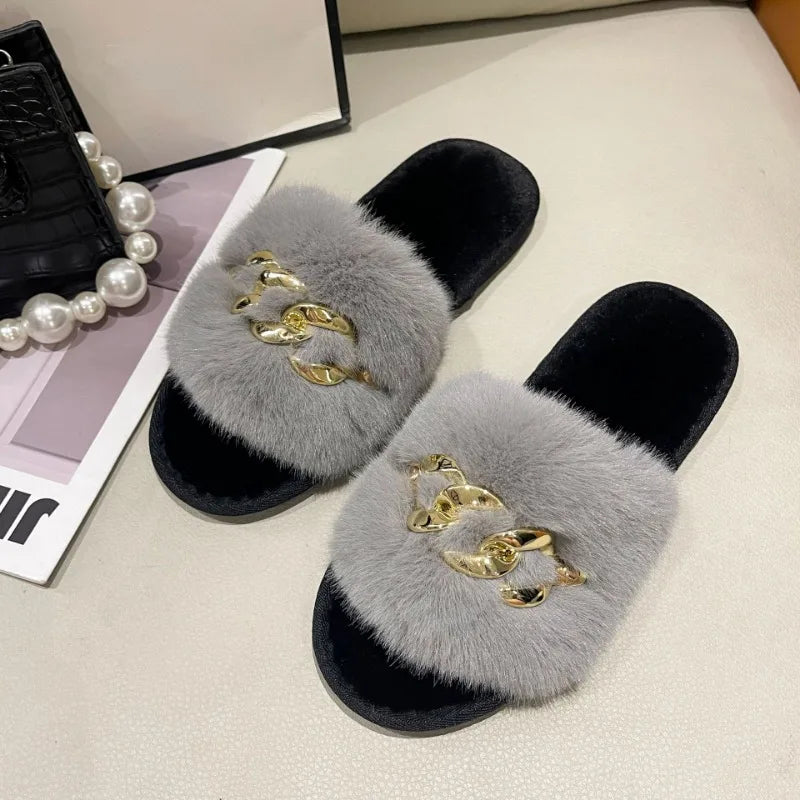 Autumn /winter Metal Chain Woolen Cotton Slippers Fashion Warm Women's Large Fur Flat Heel Straight Slippers Home Cotton Slipper