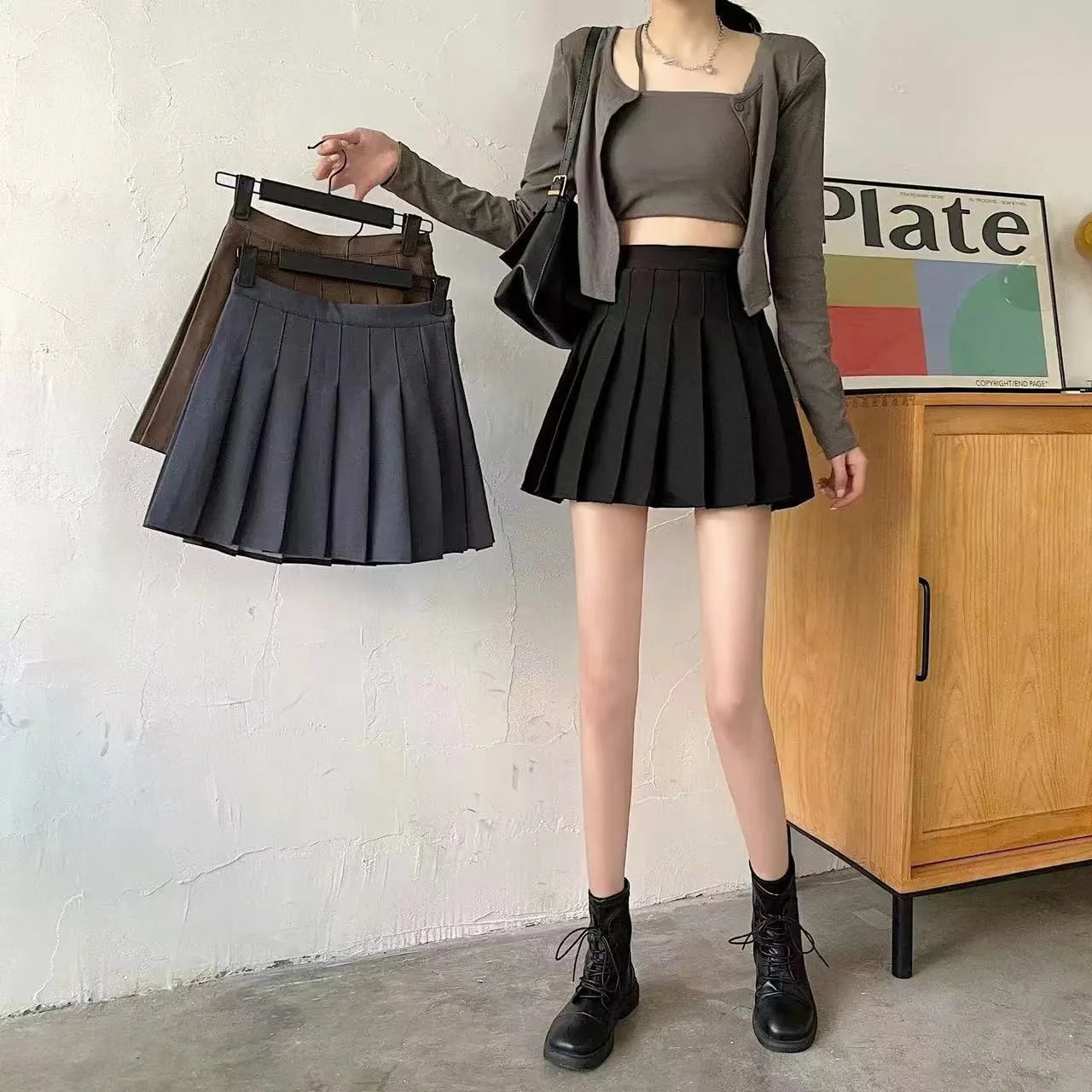 Pleated skirtwomen's half length skirt new high waist slimming belt with lining student outfit short skirt college style