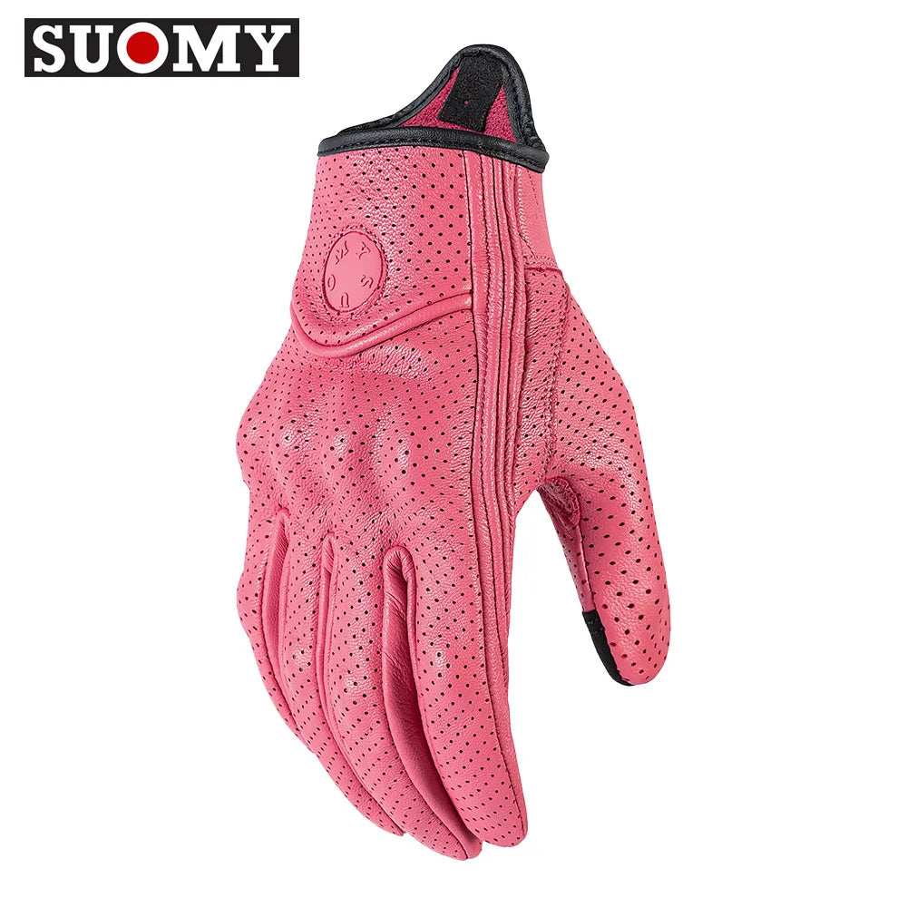 SUOMY Lady Pink Leather Motorcycle Gloves Genuine Leather Perforated Women Motorbike Riding Gloves Touch Screen Moto Guantes