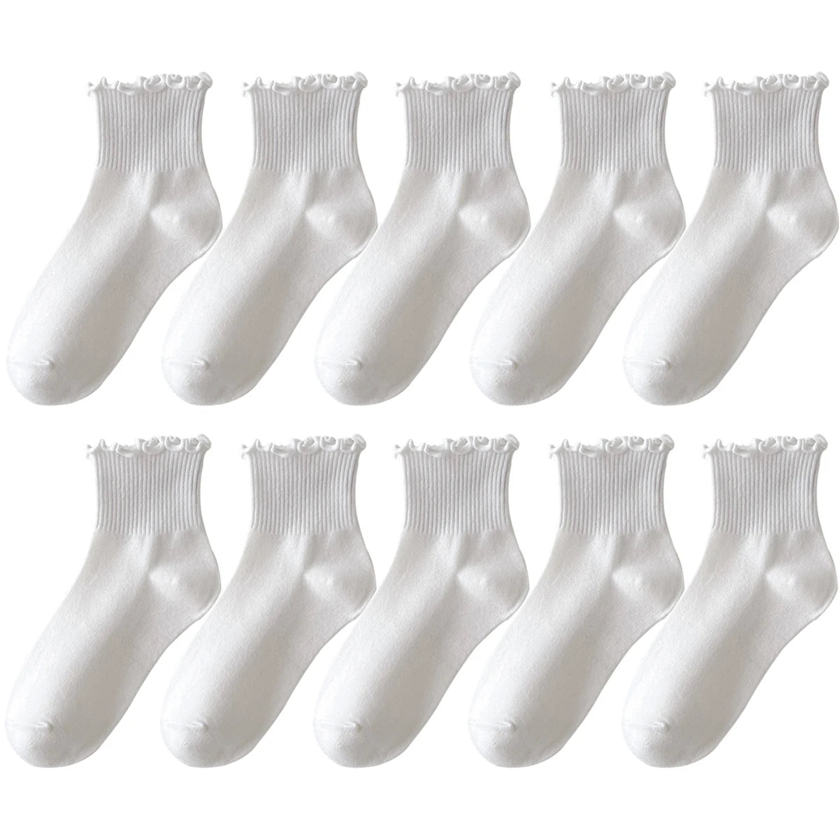 5 Pairs Socks for Women Ruffle Tube Ankle Short Breathable Cuffed Black White Set Spring Autum Soft Solid Color