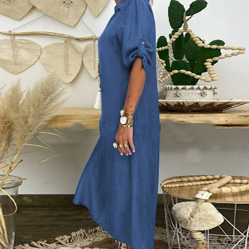 Plus Size Women's Summer Denim Short Sleeved Fashionable Dress, Casual Solid Color Lapel Large Size Long Dress