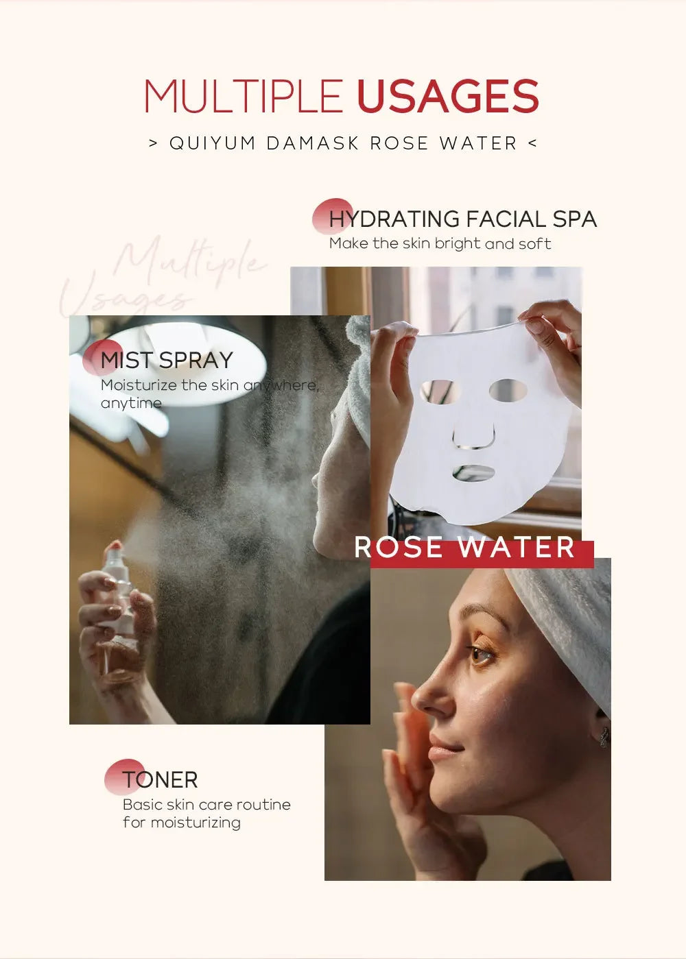Face Care Rose Water Nourishing Skin Improve Dullness Facial Toner Damask Hydrosol Korean Skincare Products 100ml