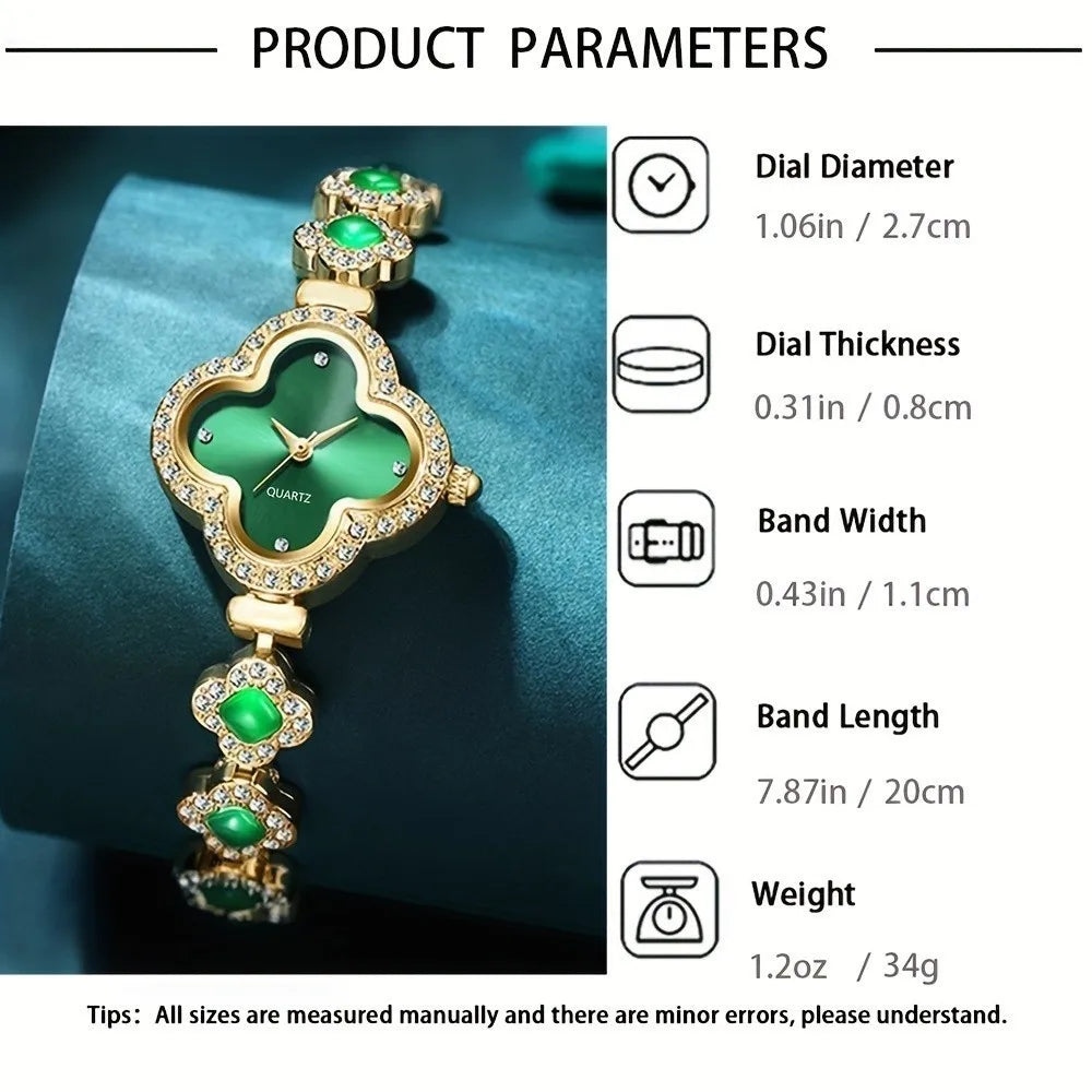 Kegllect Women's Watch Clover Pointer Quartz Baroque Rhinestone Analog Wrist & 4pcs Jewelry Set Gift for Mom Her