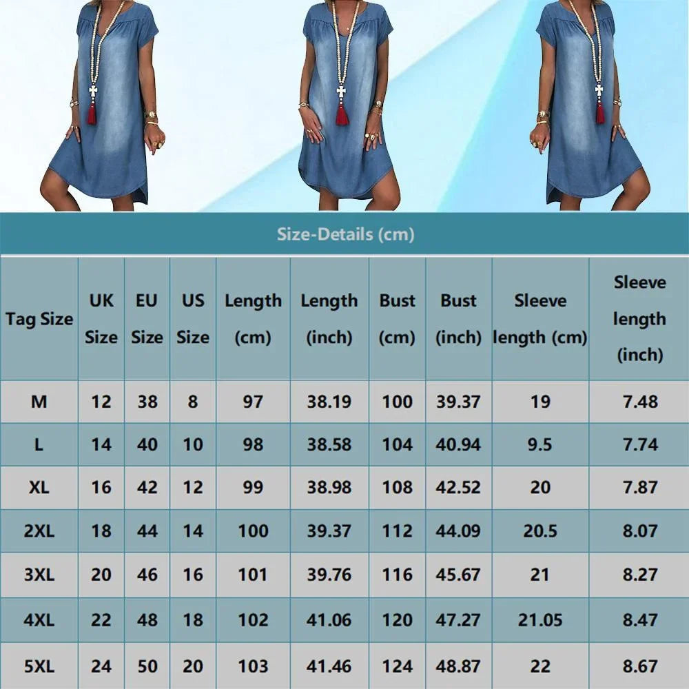 Denim Dress Plus Size 1XL-5XL Women's New Fashion Casual Solid V Neck Long Party Loose Short Sleeve Swing Summer Dress