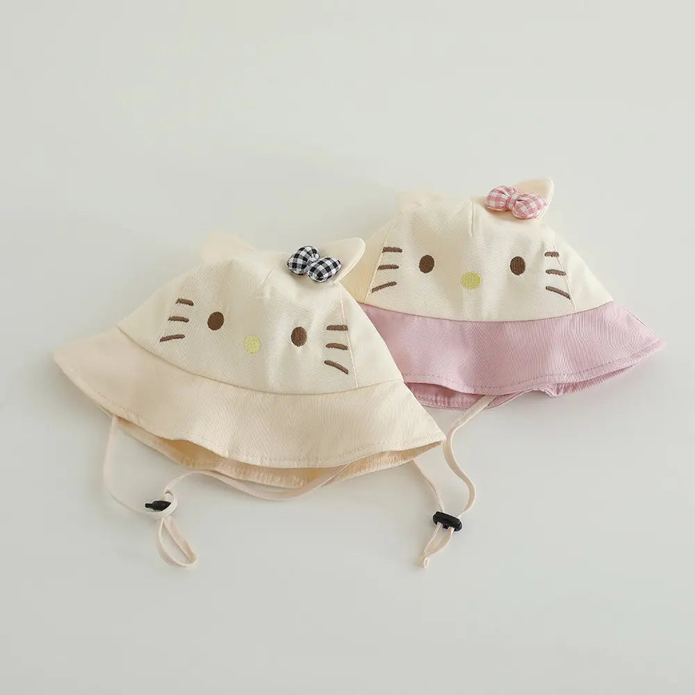 Panama Summer Cute Cat Bowknot Baby Bucket Hat for Girls Cotton Toddler Sun Cap Children Beach Sun Hat Kids UV Protection Cap