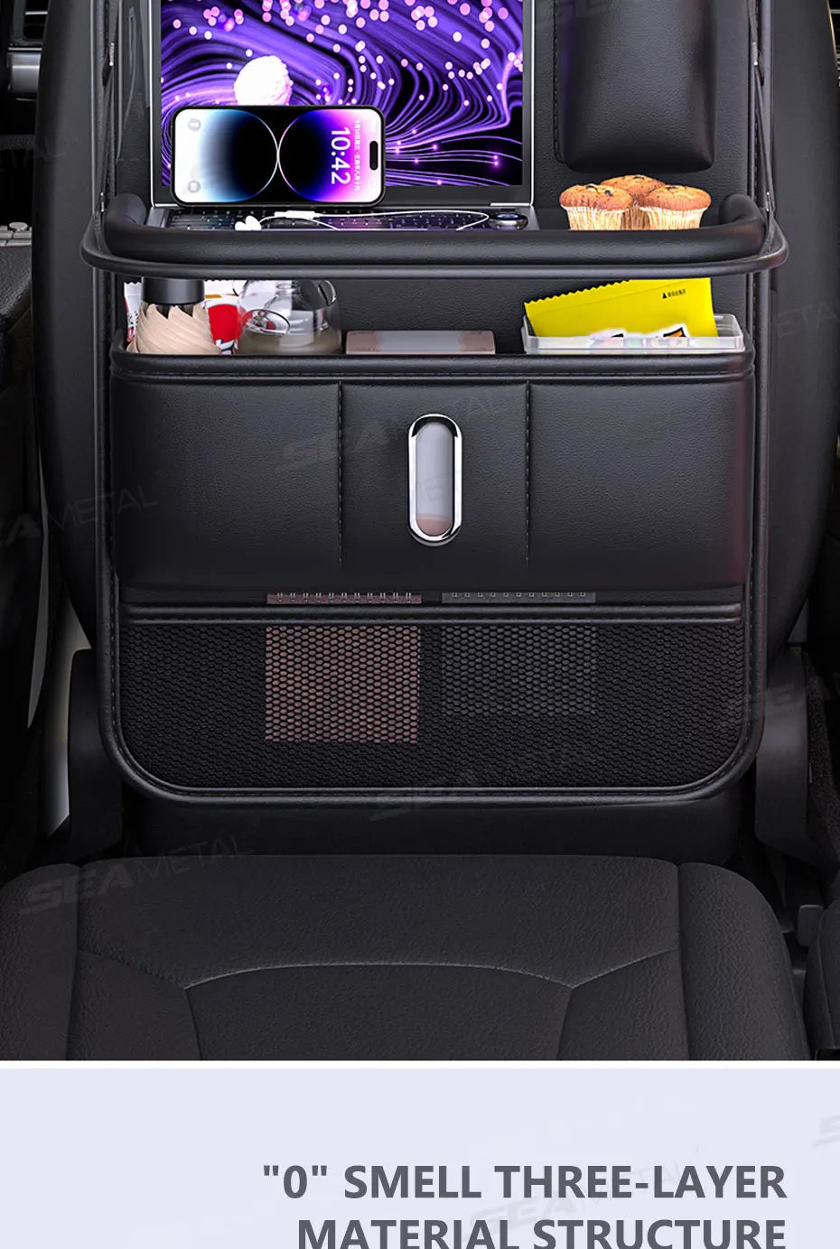 BLALION Car Seat Back Organizer with Foldable Table Tray Cup/Tissue Holder Storage Pocket Anti-Kick Pad Interior Accessories