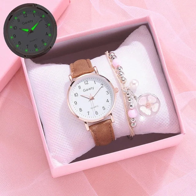 Women's Fashion Simple Glow Leather Watch Strap Quartz Watches Free Two Piece Bracelet Set No Box