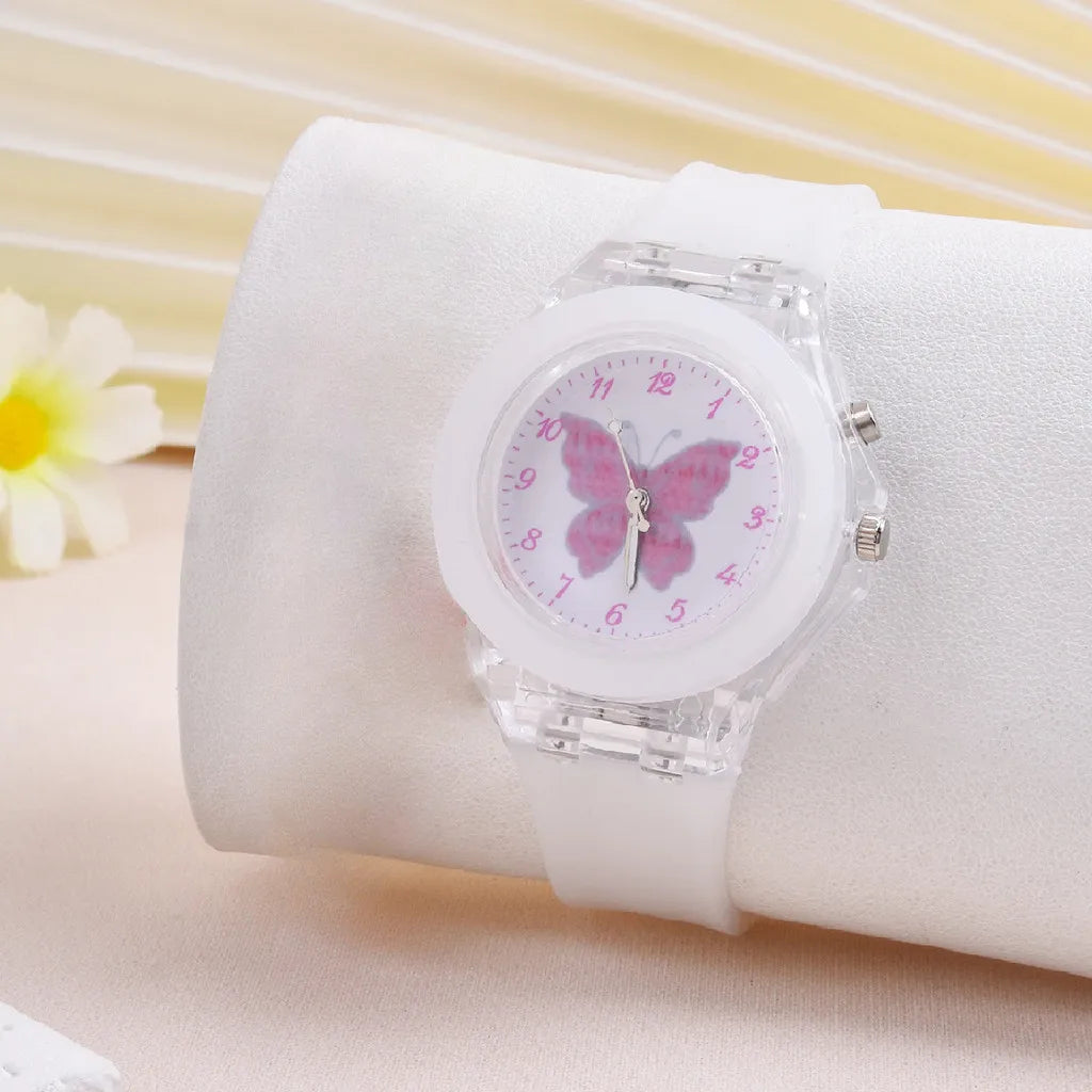 Luminoso Das Crianças Fofo Relógio Borboleta Padrão Silicone Quartzo Da Moda Conta Bracelete Conjunto
