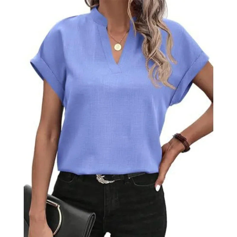 Women's Summer Commuting Short Sleeved T-shirt Simple Solid Color Fashionable V-neck T-shirt Casual Holiday Women's T-shirt
