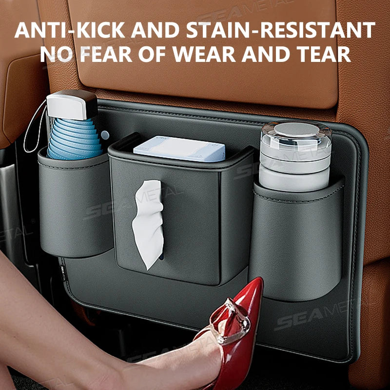 BLALION Car Seat Back Organizer PU Anti Kick Pad Short Auto Tissue Pocket Storage Bag With Cup Holder Trash Can Bin Accessories