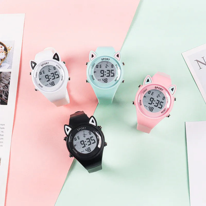 【Watch + Bracelet】Cat Ear Children's Silicone Multi Functional Sports Electronic Unicorn Bracelet Set