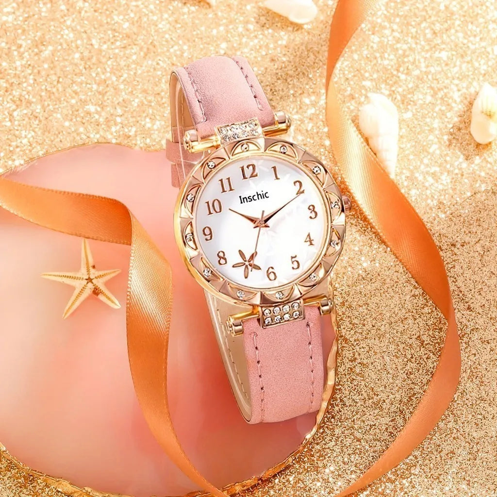 6pcs/set Women's Round Dial Watch Rhinestone Starfish Pattern Pink Belt Quartz Heart-shaped Jewelry Set