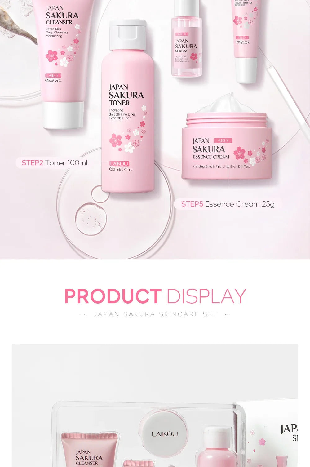 LAIKOU Sakura Kit Skin Care Sets Moisturizing and Reducing Fine Lines Cleansing Pore Product Korean Skincare Set 5-Piece