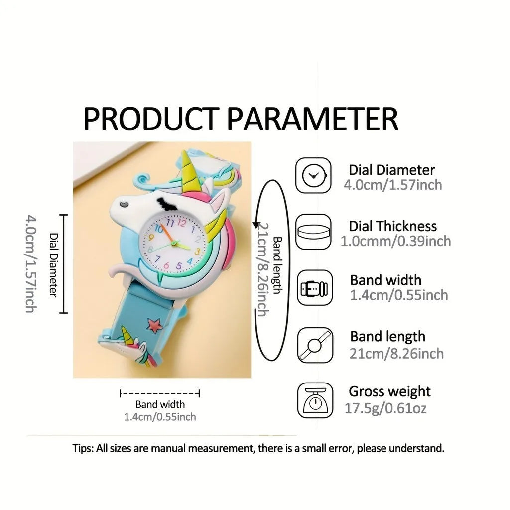 【Watch+Bracelet】Kegllect New Children's Cartoon Pattern Unicorn Silicone Bead Bracelet Set Student