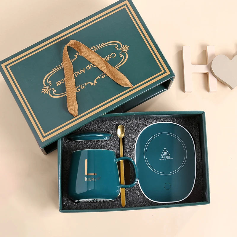 55 ℃ Thermostat Mugs Cup Ceramic Cup With Lid With Spoon Valentine's Day Gift Box Coffee Mug For Office Or Home Use Portable Mea