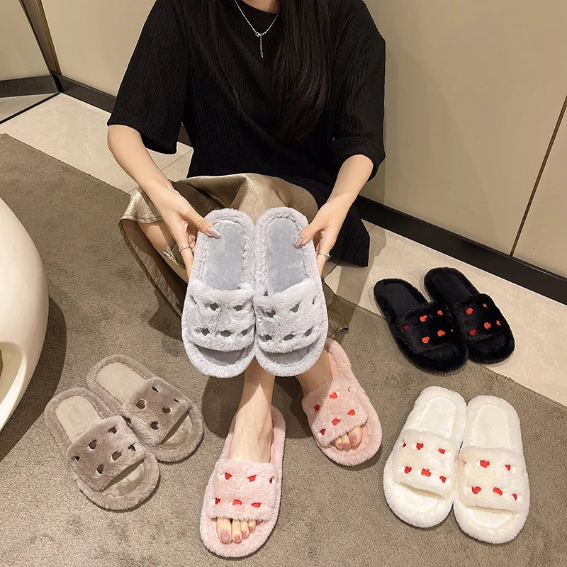 Fur Women Slippers Winter New Fashion Plush Shallow Mouth Indoor Outdoor Flip-flop Casual Bedroom Solid Color Slides Flat Shoes