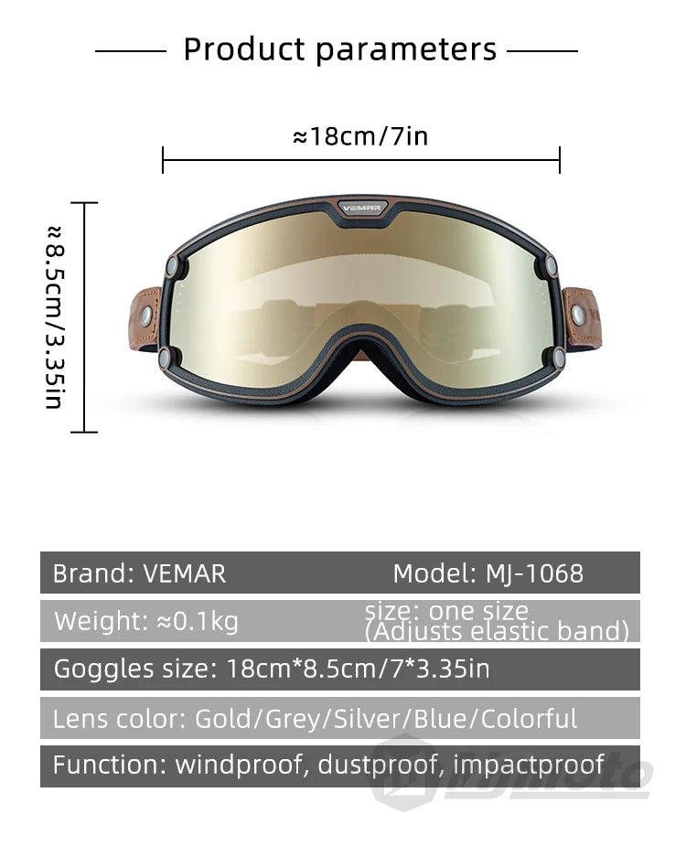 VEMAR Retro Motorcycle Goggles Windproof Anti-fog Glasses For Motorcycle Helmet Moto Sports Cycling Cafe Racer Chopper Goggles