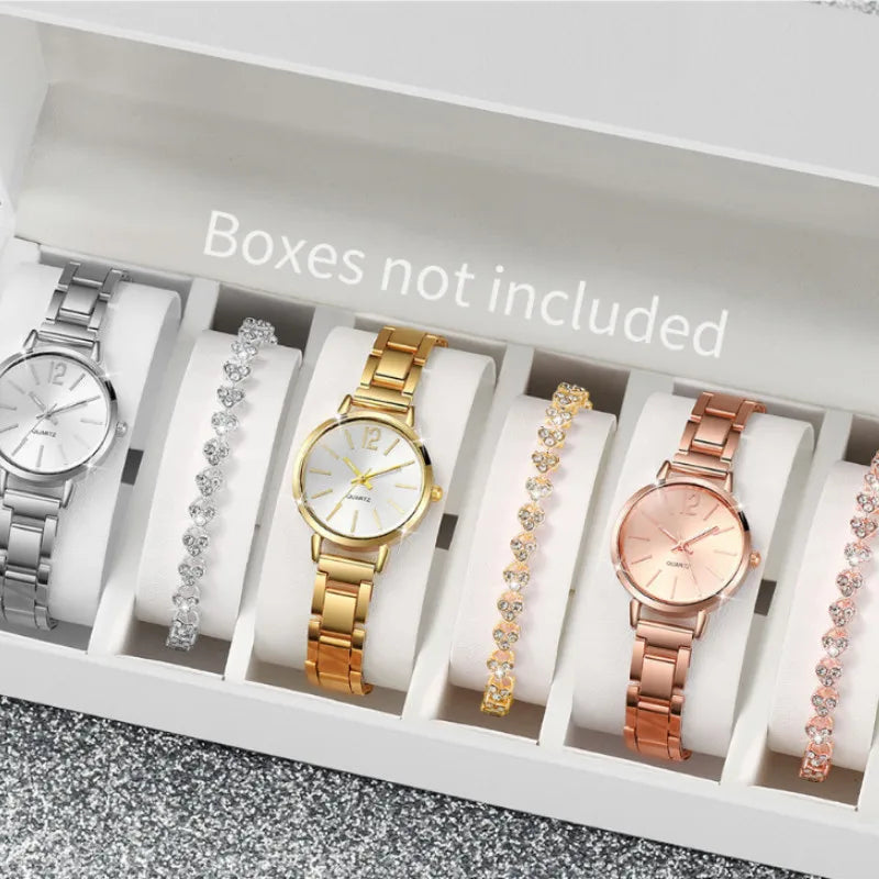 Kegllect 6PCS Ladies Small Dial Watch Diamond Encrusted Bracelet Set Three Colors Steel Belt Watches Exquisite Round WristWatch
