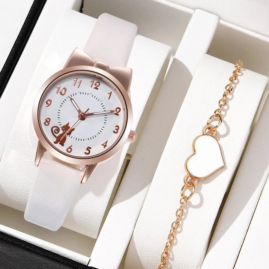 Fashion Women's Quartz Watch PU Leather Strap Student Cute Cartoon Girl WatchesJewlery Set NO BOX