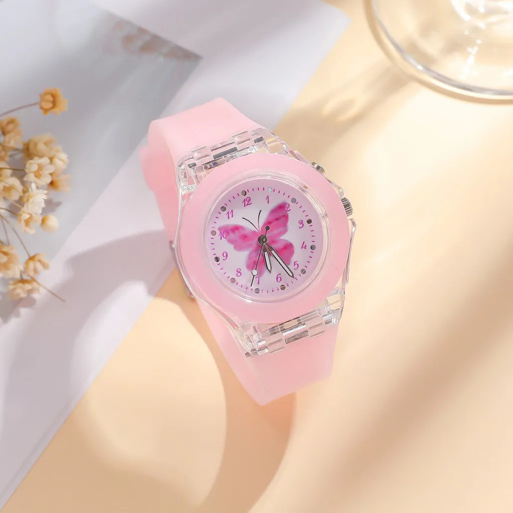 Luminoso Das Crianças Fofo Relógio Borboleta Padrão Silicone Quartzo Da Moda Conta Bracelete Conjunto