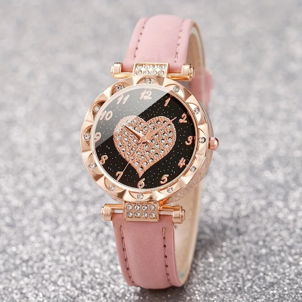 Kegllect 5PCS Women Quartz Watch Set for Gift Heart Shaped Rhinestone Accessories Mother Her