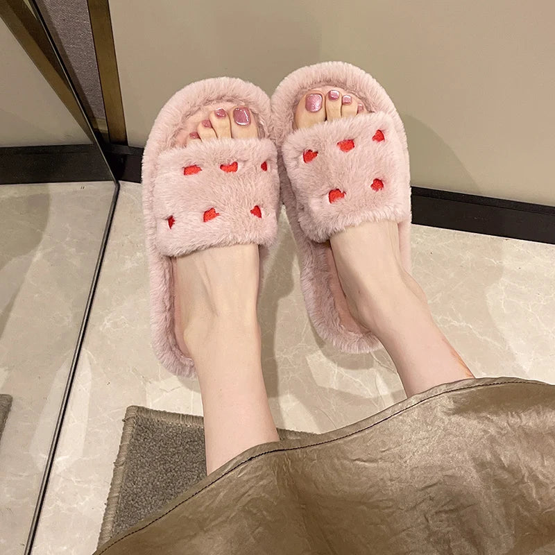 Fur Women Slippers Winter New Fashion Plush Shallow Mouth Indoor Outdoor Flip-flop Casual Bedroom Solid Color Slides Flat Shoes