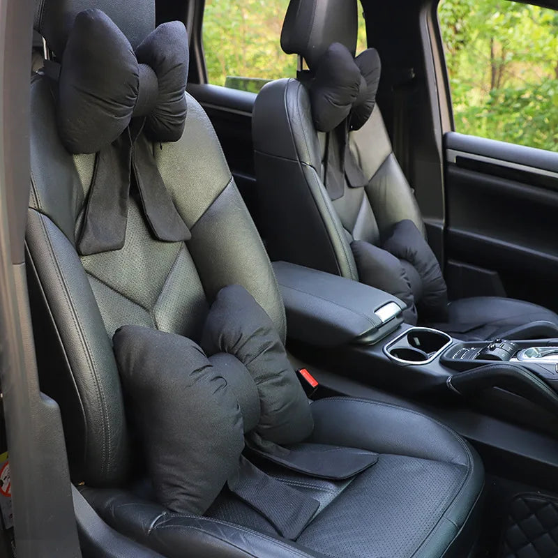 Fashion car headrest with bows cotton and linen pillow suitable for plaid's road trips and cute interior decorations