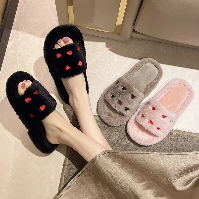 Fur Women Slippers Winter New Fashion Plush Shallow Mouth Indoor Outdoor Flip-flop Casual Bedroom Solid Color Slides Flat Shoes
