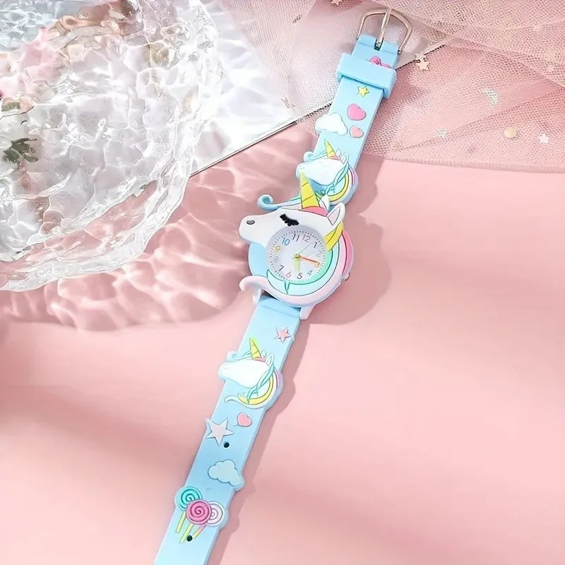 【Watch+Bracelet】Kegllect New Children's Cartoon Pattern Unicorn Silicone Bead Bracelet Set Student