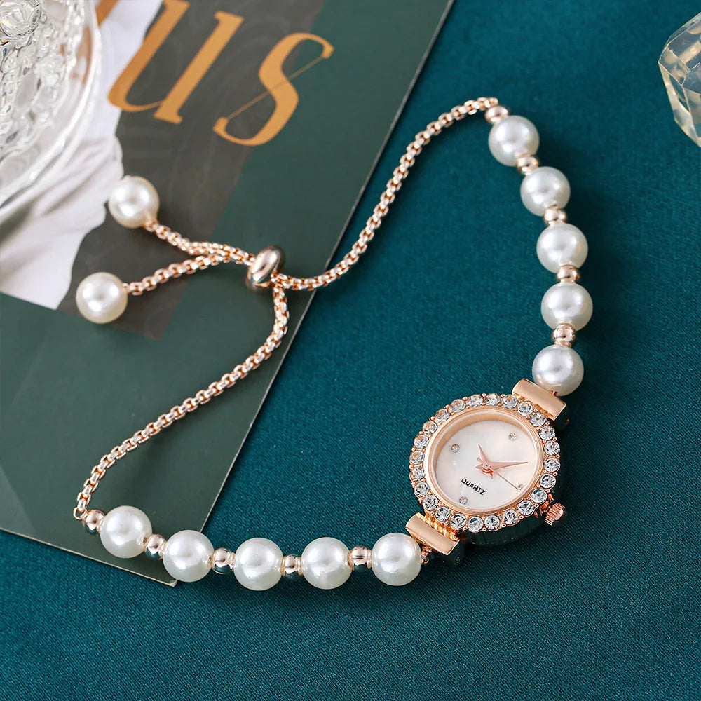 Kegllect Ladies Round Quartz Watch Women Luxury Pearl Bracelet Adjustable Strap Diamond Watches Jam Tangan Perempuan