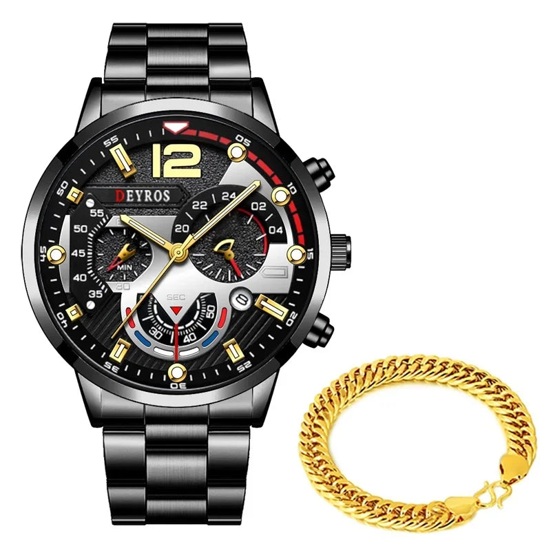 Men Luxury Watches Male Gold Bracelet Stainless Steel Quartz Calendar Watch Business Luminous Clock