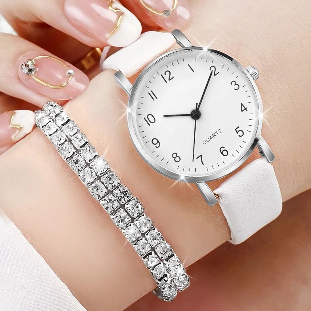 Women Small Dial Digital Wristwatch Ladies Simple Leather Strap Quartz Watch with Rhinestones Jewelry Gift Set No Box