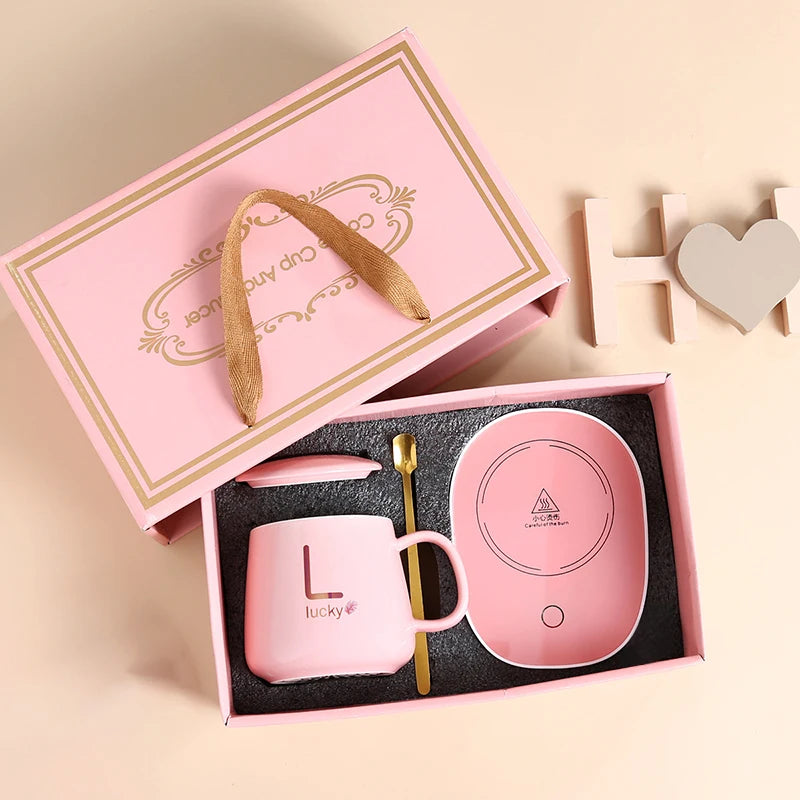 55 ℃ Thermostat Mugs Cup Ceramic Cup With Lid With Spoon Valentine's Day Gift Box Coffee Mug For Office Or Home Use Portable Mea
