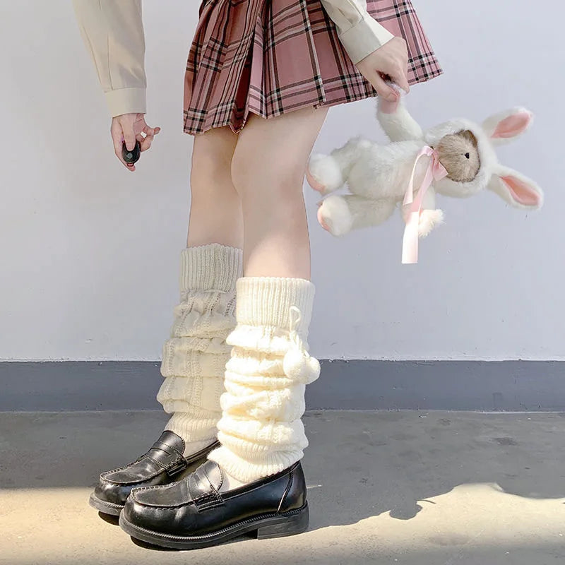 Japanese Style Winter Warm Socks Lolita Warm Leg Knitted Socks Wool Ball Knitted Foot Covers Leg Warmers With Balls For Women